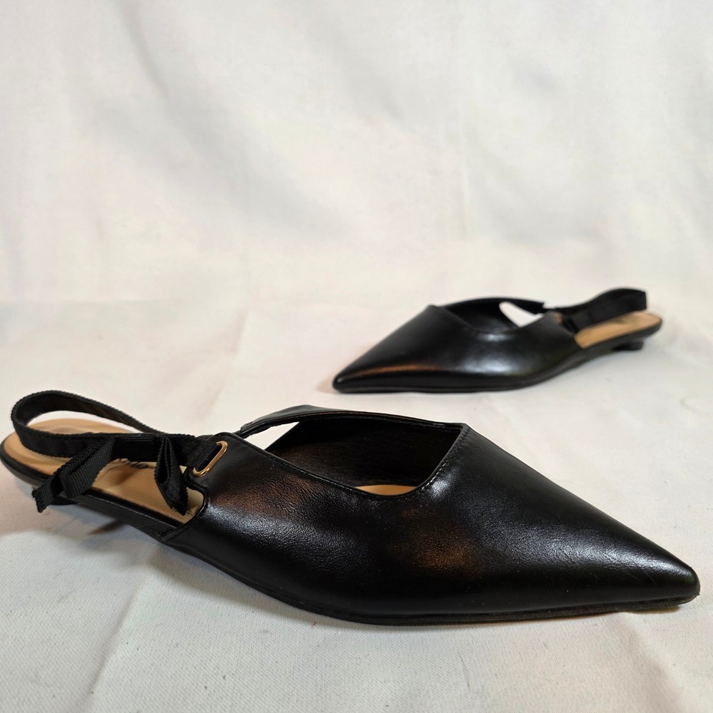 C.Paravano Black Leather Pointed Toe Slingback Button Heel w/ Bow EU 39 US 8.5